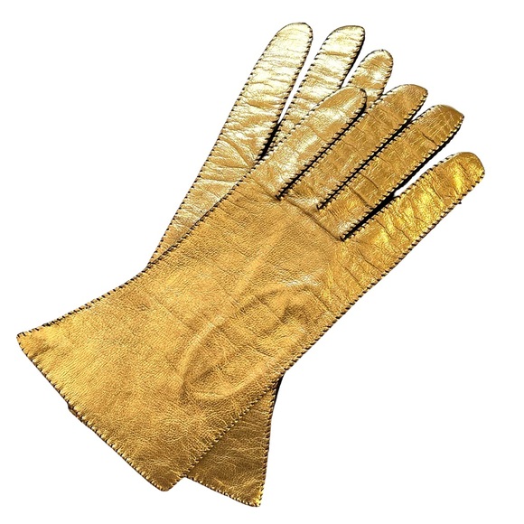 Vintage Handmade Gold Lame’ And Black Stretchy Gloves Size 7 New Old Stock